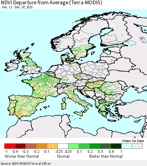 Europe NDVI Departure from Average (Terra-MODIS) Thematic Map For 12/11/2021 - 12/18/2021