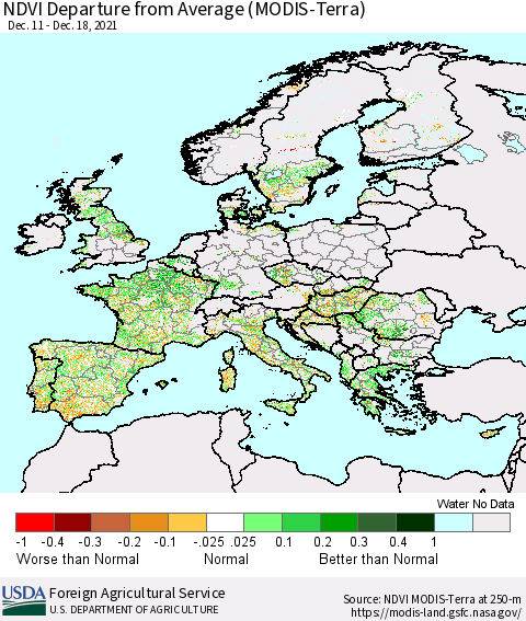 Europe NDVI Departure from Average (Terra-MODIS) Thematic Map For 12/11/2021 - 12/20/2021