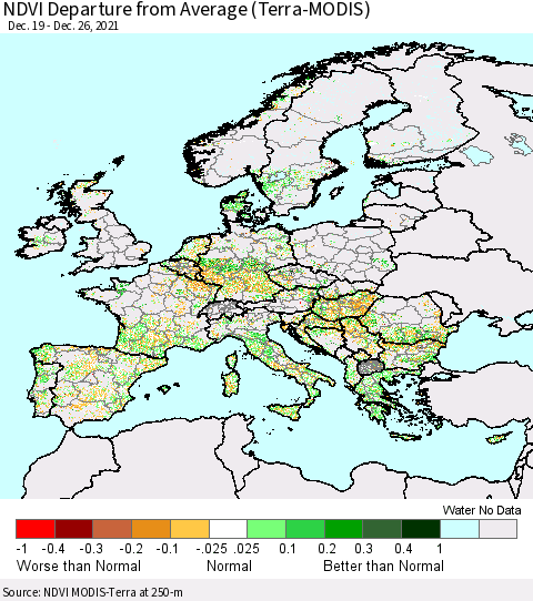 Europe NDVI Departure from Average (Terra-MODIS) Thematic Map For 12/19/2021 - 12/26/2021