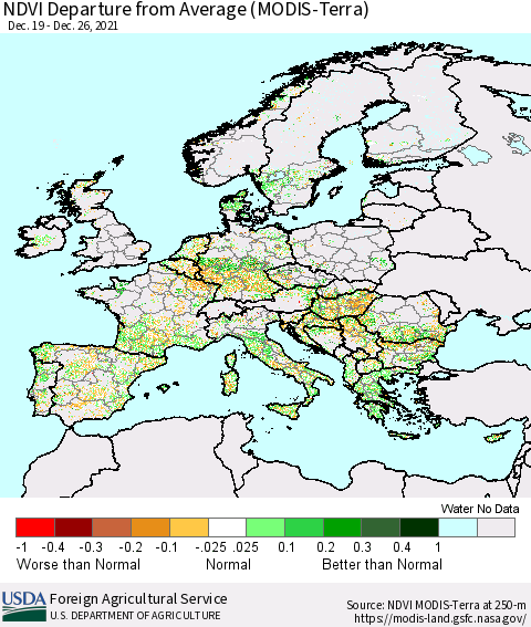 Europe NDVI Departure from Average (Terra-MODIS) Thematic Map For 12/21/2021 - 12/31/2021