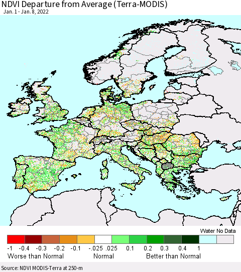 Europe NDVI Departure from Average (Terra-MODIS) Thematic Map For 1/1/2022 - 1/8/2022