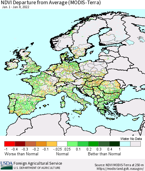 Europe NDVI Departure from Average (Terra-MODIS) Thematic Map For 1/1/2022 - 1/10/2022