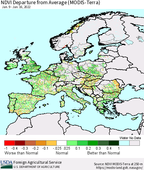 Europe NDVI Departure from Average (Terra-MODIS) Thematic Map For 1/11/2022 - 1/20/2022