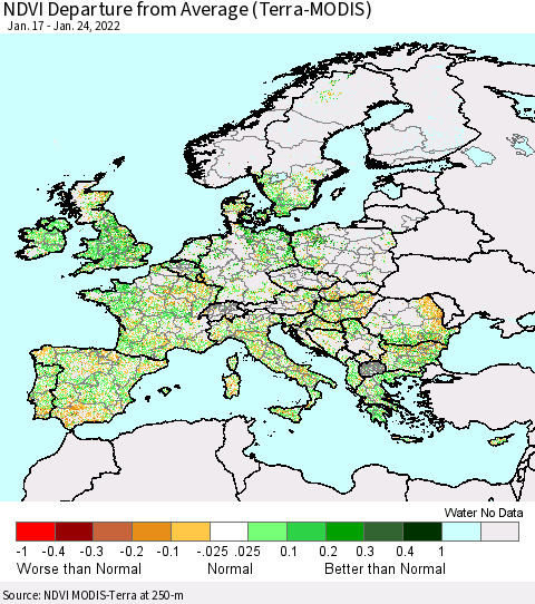 Europe NDVI Departure from Average (Terra-MODIS) Thematic Map For 1/17/2022 - 1/24/2022