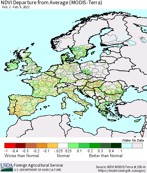 Europe NDVI Departure from Average (Terra-MODIS) Thematic Map For 2/1/2022 - 2/10/2022