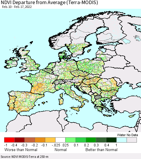 Europe NDVI Departure from Average (Terra-MODIS) Thematic Map For 2/10/2022 - 2/17/2022