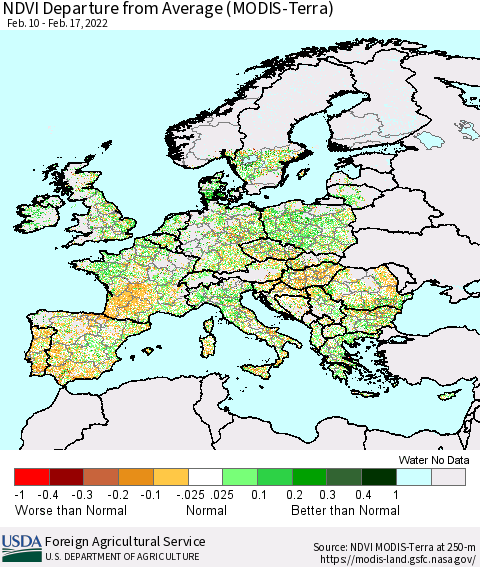 Europe NDVI Departure from Average (Terra-MODIS) Thematic Map For 2/11/2022 - 2/20/2022