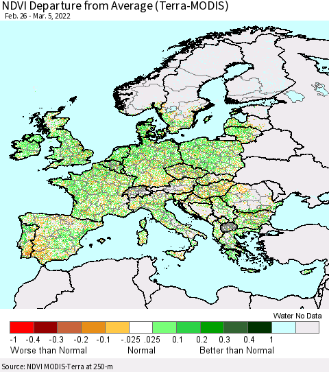 Europe NDVI Departure from Average (Terra-MODIS) Thematic Map For 2/26/2022 - 3/5/2022
