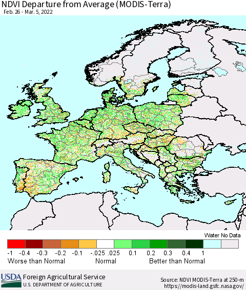 Europe NDVI Departure from Average (Terra-MODIS) Thematic Map For 3/1/2022 - 3/10/2022