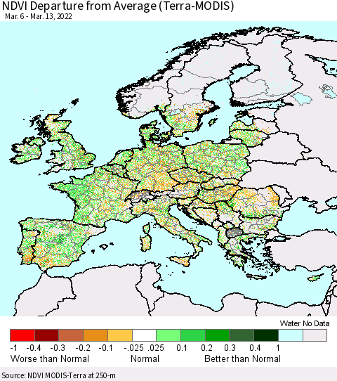 Europe NDVI Departure from Average (Terra-MODIS) Thematic Map For 3/6/2022 - 3/13/2022