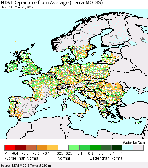 Europe NDVI Departure from Average (Terra-MODIS) Thematic Map For 3/14/2022 - 3/21/2022