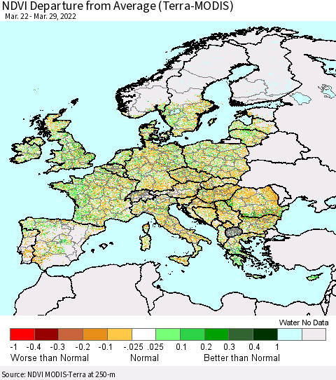 Europe NDVI Departure from Average (Terra-MODIS) Thematic Map For 3/22/2022 - 3/29/2022