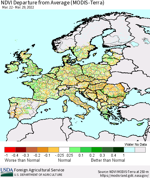 Europe NDVI Departure from Average (Terra-MODIS) Thematic Map For 3/21/2022 - 3/31/2022
