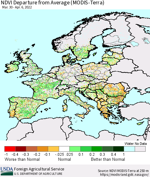 Europe NDVI Departure from Average (Terra-MODIS) Thematic Map For 4/1/2022 - 4/10/2022