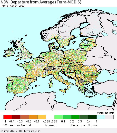Europe NDVI Departure from Average (Terra-MODIS) Thematic Map For 4/7/2022 - 4/14/2022