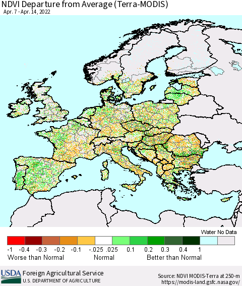 Europe NDVI Departure from Average (Terra-MODIS) Thematic Map For 4/11/2022 - 4/20/2022