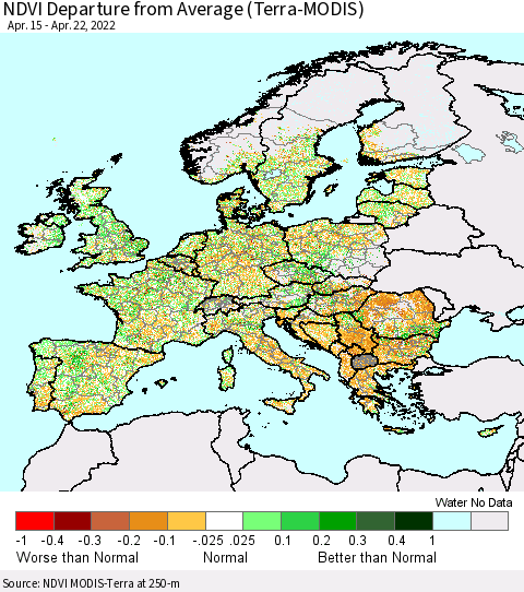 Europe NDVI Departure from Average (Terra-MODIS) Thematic Map For 4/15/2022 - 4/22/2022