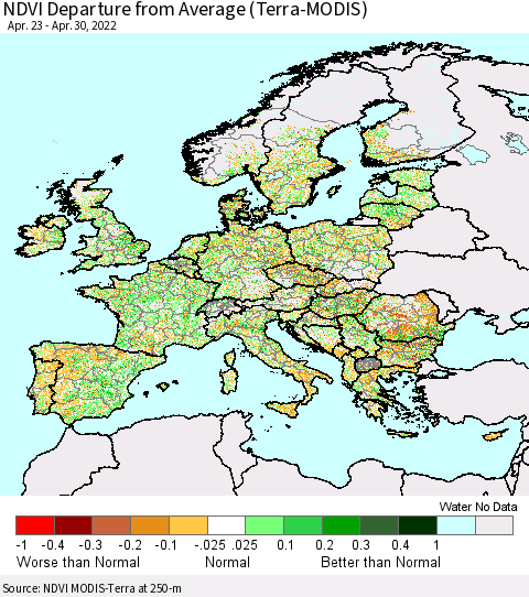 Europe NDVI Departure from Average (Terra-MODIS) Thematic Map For 4/21/2022 - 4/30/2022