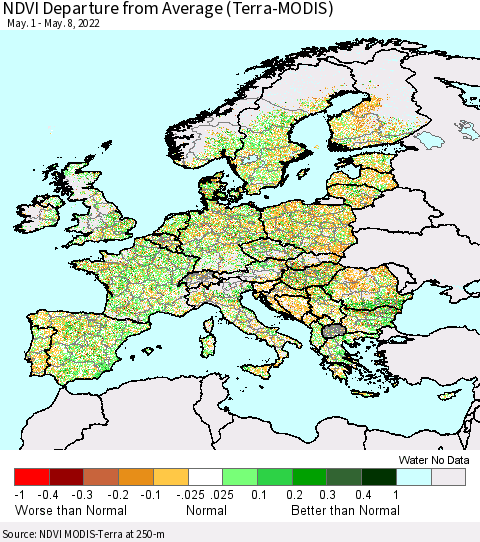 Europe NDVI Departure from Average (Terra-MODIS) Thematic Map For 5/1/2022 - 5/8/2022