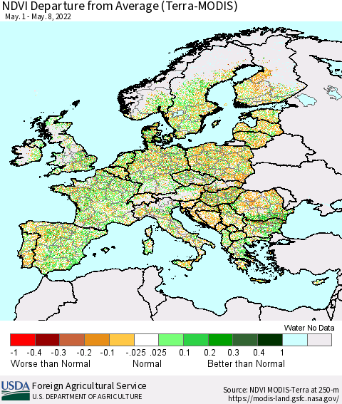 Europe NDVI Departure from Average (Terra-MODIS) Thematic Map For 5/1/2022 - 5/10/2022