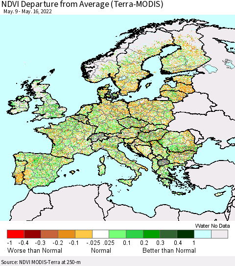 Europe NDVI Departure from Average (Terra-MODIS) Thematic Map For 5/9/2022 - 5/16/2022
