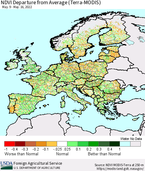 Europe NDVI Departure from Average (Terra-MODIS) Thematic Map For 5/11/2022 - 5/20/2022