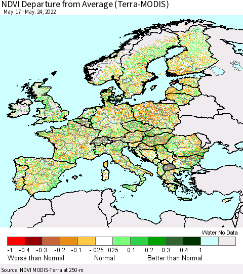 Europe NDVI Departure from Average (Terra-MODIS) Thematic Map For 5/17/2022 - 5/24/2022
