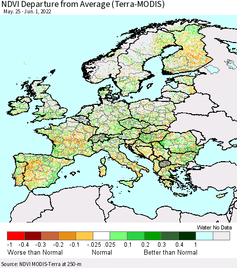 Europe NDVI Departure from Average (Terra-MODIS) Thematic Map For 5/25/2022 - 6/1/2022