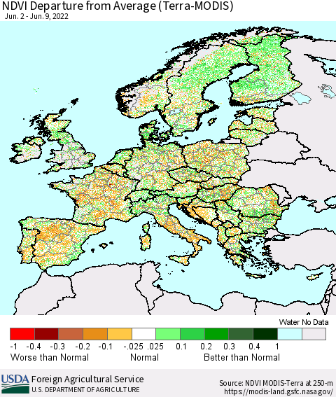 Europe NDVI Departure from Average (Terra-MODIS) Thematic Map For 6/1/2022 - 6/10/2022