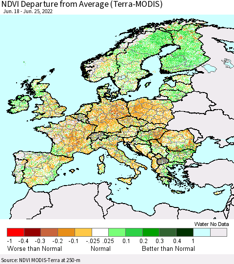 Europe NDVI Departure from Average (Terra-MODIS) Thematic Map For 6/18/2022 - 6/25/2022