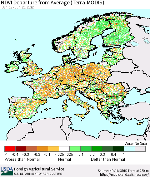 Europe NDVI Departure from Average (Terra-MODIS) Thematic Map For 6/21/2022 - 6/30/2022