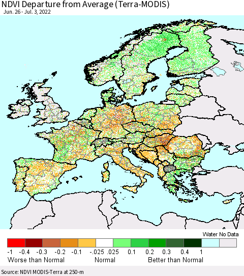 Europe NDVI Departure from Average (Terra-MODIS) Thematic Map For 6/26/2022 - 7/3/2022
