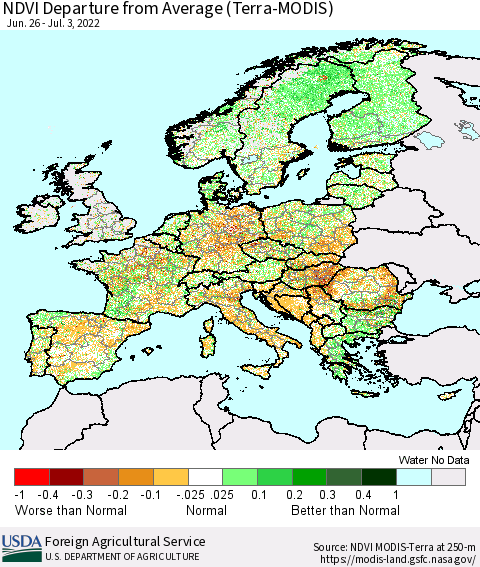 Europe NDVI Departure from Average (Terra-MODIS) Thematic Map For 7/1/2022 - 7/10/2022