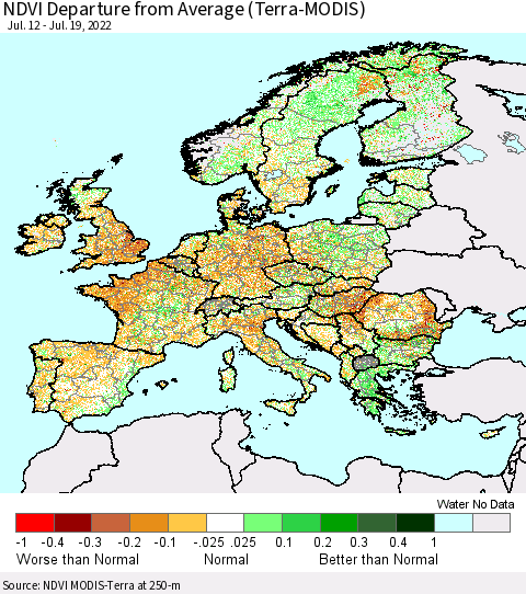 Europe NDVI Departure from Average (Terra-MODIS) Thematic Map For 7/12/2022 - 7/19/2022