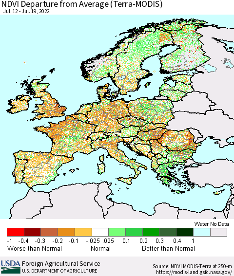 Europe NDVI Departure from Average (Terra-MODIS) Thematic Map For 7/11/2022 - 7/20/2022