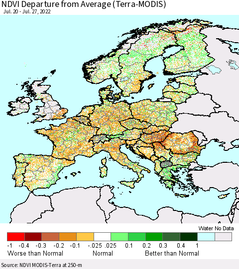 Europe NDVI Departure from Average (Terra-MODIS) Thematic Map For 7/20/2022 - 7/27/2022