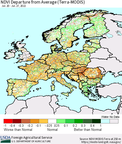 Europe NDVI Departure from Average (Terra-MODIS) Thematic Map For 7/21/2022 - 7/31/2022