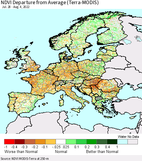 Europe NDVI Departure from Average (Terra-MODIS) Thematic Map For 7/28/2022 - 8/4/2022