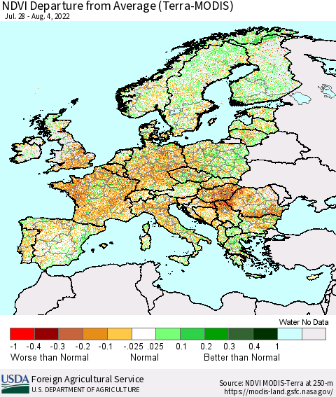Europe NDVI Departure from Average (Terra-MODIS) Thematic Map For 8/1/2022 - 8/10/2022