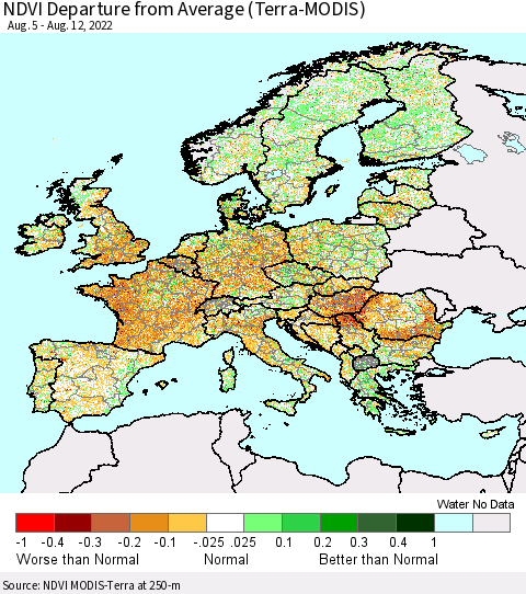 Europe NDVI Departure from Average (Terra-MODIS) Thematic Map For 8/5/2022 - 8/12/2022