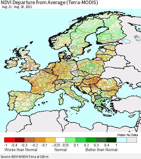 Europe NDVI Departure from Average (Terra-MODIS) Thematic Map For 8/21/2022 - 8/28/2022
