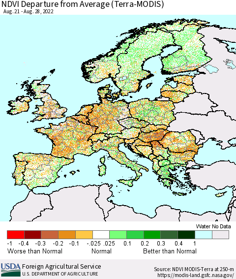 Europe NDVI Departure from Average (Terra-MODIS) Thematic Map For 8/21/2022 - 8/31/2022
