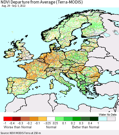 Europe NDVI Departure from Average (Terra-MODIS) Thematic Map For 8/29/2022 - 9/5/2022