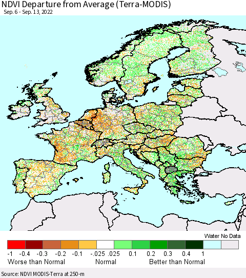 Europe NDVI Departure from Average (Terra-MODIS) Thematic Map For 9/6/2022 - 9/13/2022