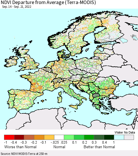 Europe NDVI Departure from Average (Terra-MODIS) Thematic Map For 9/14/2022 - 9/21/2022