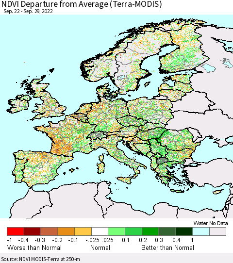 Europe NDVI Departure from Average (Terra-MODIS) Thematic Map For 9/22/2022 - 9/29/2022