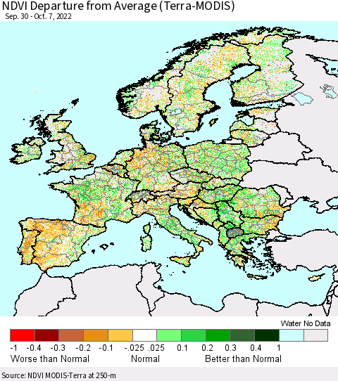 Europe NDVI Departure from Average (Terra-MODIS) Thematic Map For 9/30/2022 - 10/7/2022