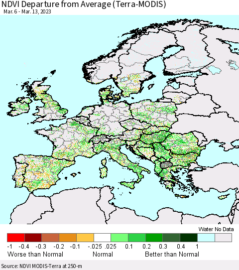 Europe NDVI Departure from Average (Terra-MODIS) Thematic Map For 3/6/2023 - 3/13/2023