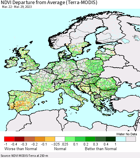 Europe NDVI Departure from Average (Terra-MODIS) Thematic Map For 3/22/2023 - 3/29/2023
