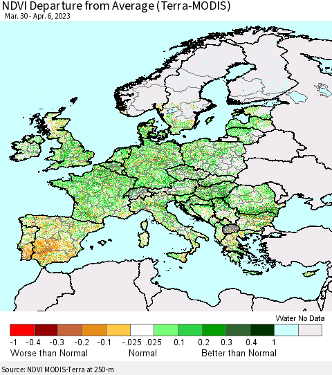 Europe NDVI Departure from Average (Terra-MODIS) Thematic Map For 3/30/2023 - 4/6/2023